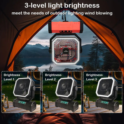 20000 mAh wireless battery-powered camping fan with LED light and remote control, 4 speeds, timer function, USB interface