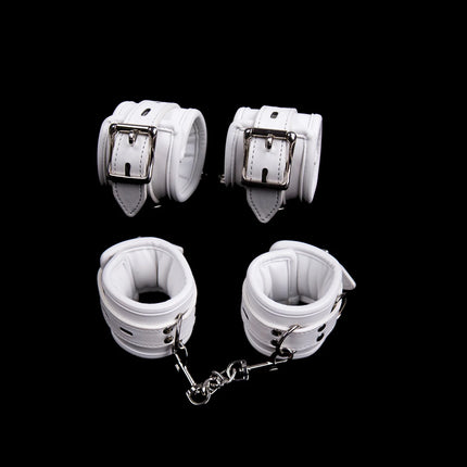 Soft Padded White BDSM Bondage Restraint Wrist Handcuffs Neck Collar Ankle Cuffs with Chain Slave Erotic Flirting Adult Sex Toys