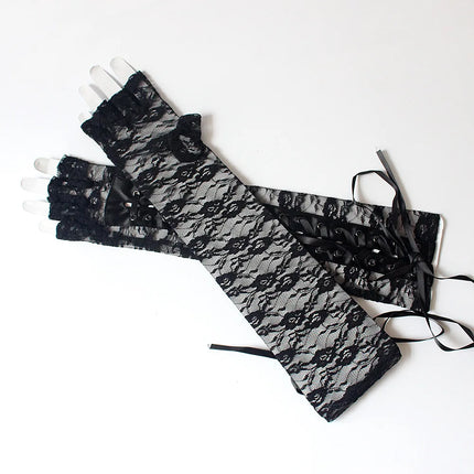 Sexy Lace Strap Gloves Long Ribbon Half Finger Prom Gloves Show Nightclub Dinner Cosplay Punk Gothic Lolita Cool Glove