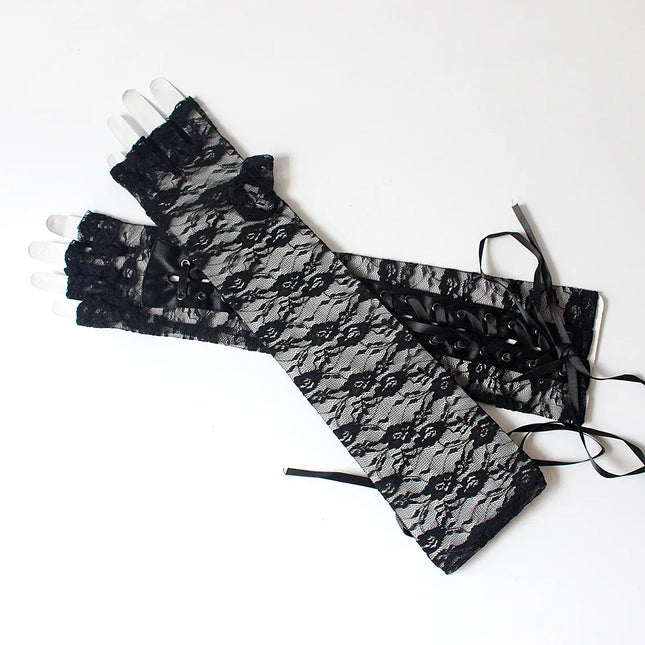 Sexy Lace Strap Gloves Long Ribbon Half Finger Prom Gloves Show Nightclub Dinner Cosplay Punk Gothic Lolita Cool Glove
