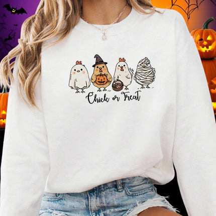 Four Different Shaped Chicks Prints Halloween Sweatshirt Women Winter Fleece Hoodie Crewneck Loose Pullover Casual Soft Clothes