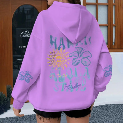 Fashion Ocean Beach Series Women's Hoodies Y2K Floral Letter Starfish Hooded Long Sleeve Loose Sweatshirts With Kangaroo Pocket