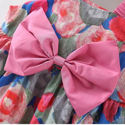2 Pcs Summer Baby Girl Dress Sweet Oil Painting Flower Big Bow Cotton Cloth Dress Gift Hat Suitable for 0-3 Years Old