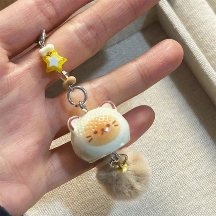 1/2PCS cute fluffy cat mobile phone talisman with pom-pom tail 3D kitten keychain bag pendant girl creative cartoon