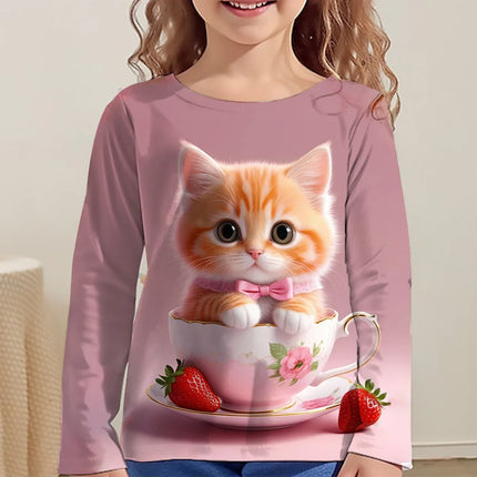 Children's Clothing Girl T-Shirts Top Long Sleeve Children T-Shirt Cute Cat Print Casual Kids Summer Autumn Clothes Girl Clothes