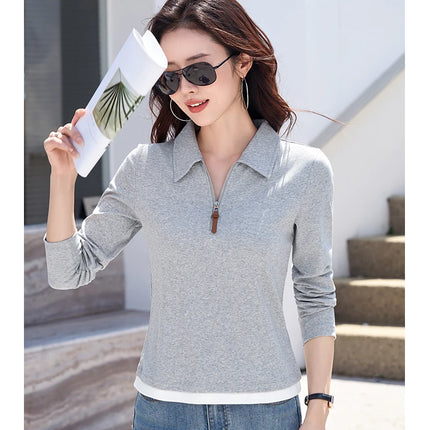 False Two-piece Design Polo Collar Shirt Women's Long Sleeve Cotton T-Shirt Solid Color Business Casual Blend Top Fashion Style