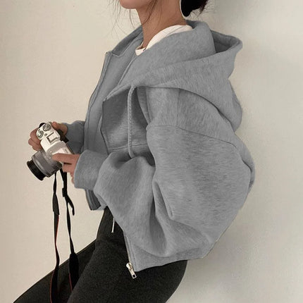 2025 Autumn Winter New Fashionable Short Women's Hoodie Thickened Fleece Warm Solid Color Zipper Casual Comfortable Sweatshirt