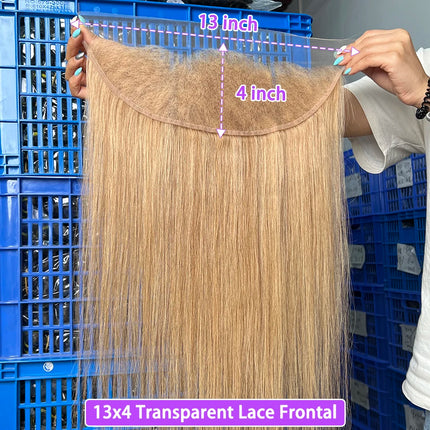 #27 Colored Straight 13x4 Transparent Lace Frontal Human Hair Prepluck Bleached Knots Invisible Lace 100% Raw Virgin Human Hair