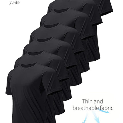 Round Neck T-Shirt 7-Piece Black Ultra-Light Men's Quick-Drying Breathable Sweat-Absorbent Shirt Suitable for Fitness Gym and Ru
