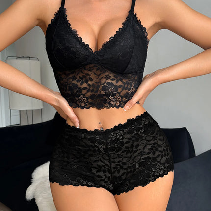 Floral Lace Women's Underwear Set Hollow-Out Wireless Sexy Bras Unlined Bra Breathable Hot Lingerie Sheer Women's Panties