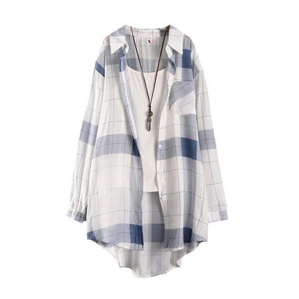 Plaid shirt midlength large size loose hip-covering sun shirt casual top long-sleeved shirt thin jacket plus size woman clothing