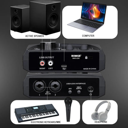 BOMGE 22M Audio Interface Sound Card console Mini USB Mixer for Guitar Recording Studio Singing for Guitar Podcasting Recording