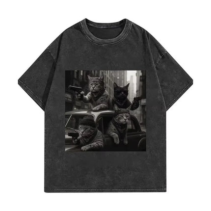 Funny Cat Gang Meme Graphic T Shirts Men's Women's Fashion Vintage Washed T-shirt Summer High Quality Cotton T-shirts