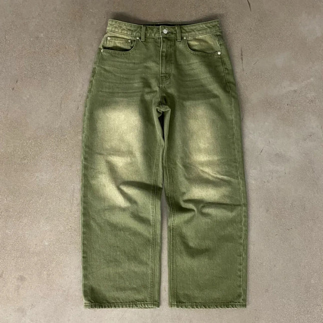 Y2K Street Matcha Denim Jeans Pocket Green 6 Ball Embroidery Denim Pants London High Street Trend Streetwear Unisex Baggy Jeans