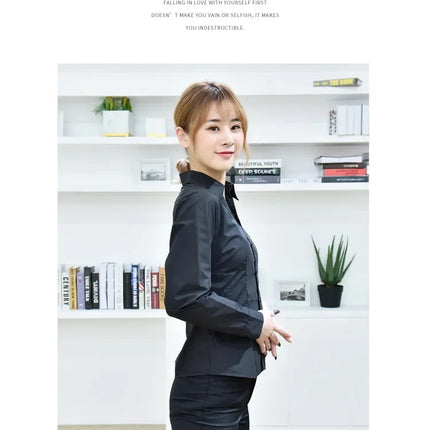 Black Long Sleeve Women's Shirt Professional Formal V-neck Workwear Slim Fit Cotton Work Uniform Button-up Casual Shirt