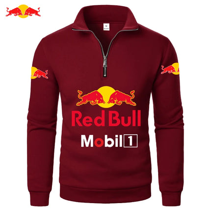 Red Bull Men's Sports Zipper Stand Collar Hoodie Youth Sweatshirt Solid Color Fashion Half-Zip Pullover Basic Warm Sportswear
