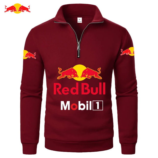 Red bull Men'S Sports Zipper Stand Collar Hoodie Youth Sweatshirt Solid Color Fashion Half Zip Pullover Basic Warm Sportswear