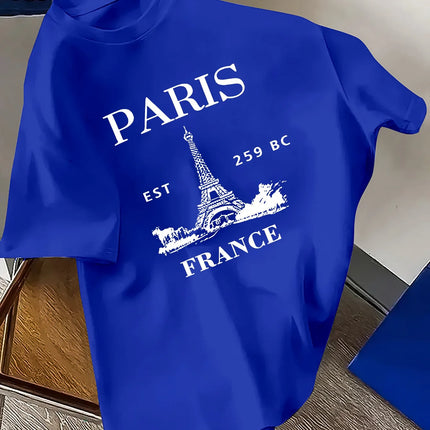 Men's summer 100% cotton retro style Paris Eiffel Tower print fashionable casual sports loose round neck short sleeved T-shirt