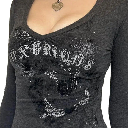 Women Long Sleeve T-shirt Graphic Gothic Print Punk Grunge Y2K Aesthetic Tee Tops Spring Fall Shirts
