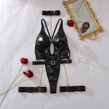 Tornova Erotic Bodysuit Fashionable Chain Decorated Hollow Patent Leather Body-shaping Sexy Hot Girl Jumpsuit with Belt Hot Set