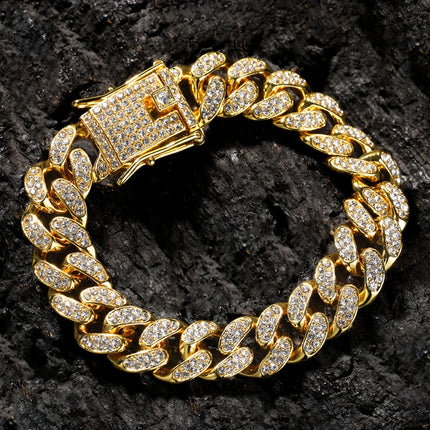 HipHop Men Women 13MM Prong Cuban Link Chain Bracelet Bling Iced Out 2 Row Rhinestone Paved Miami Rhombus Cuban Chain Jewelry