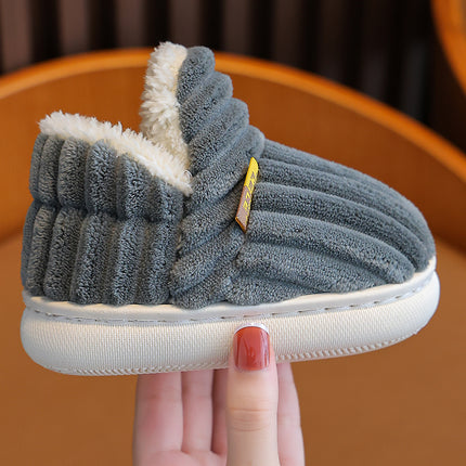 New Winter Simplicity Stripe Plush Slippers Children's Non-slip Soft Sole Kids Boys Girls Heel Wrap Warm High Home Cotton Shoes