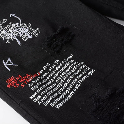 Men Letters Embroidery Printed Jeans Streetwear Slim Straight Stretch Denim Pants Black White Holes Ripped Trousers