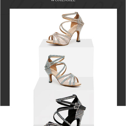 DKZSYIM Rhinestone Women Latin Dance Shoes Latin Salsa Girl Dancing Shoes Black Shiny Ballroom Dance Shoes For Girls Ladies