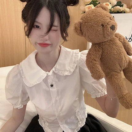 White Doll Collar Bubble Sleeve Shirt Women's Summer 2025 New Design Sweet Short Style Top Polyester Fabric Pure Color Fresh...