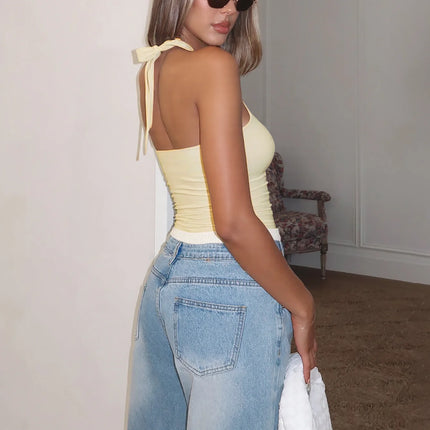 Hugcitar Women's Fashion Halter Solid Loop Backless Bandage Sexy Crop Tank Top 2025 Summer Casual Clothes Streetwear Vacation Club