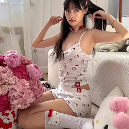 kawaii Hello Kitty pajama set anime camisole vest girl shorts sweet student casual wear Y2K cartoon home outfit for outdoor wear