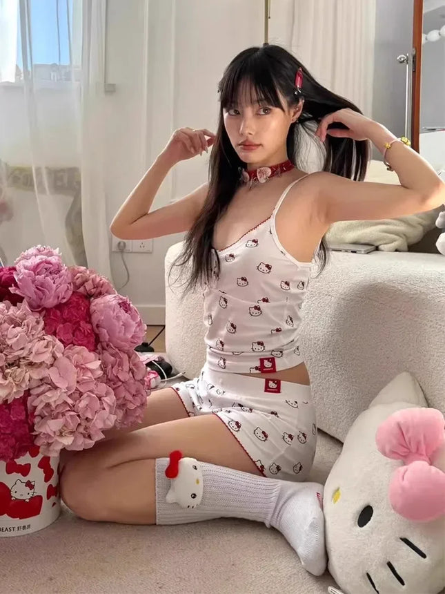 kawaii Hello Kitty pajama set anime camisole vest girl shorts sweet student casual wear Y2K cartoon home outfit for outdoor wear