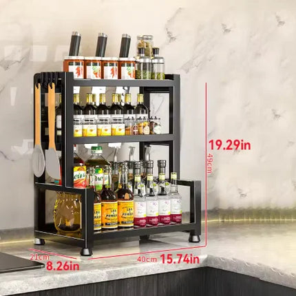Kitchen Spice Rack Organizer, 3 Tier Adjustable Metal Storage with Knife Holder Hooks Black