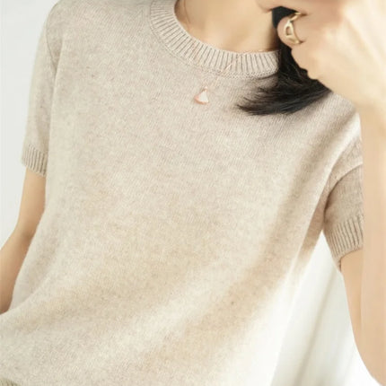 Summer New Women's Knitted Short Sleeve T-shirt Thin Wool Cashmere Short Sleeve Loose Fit Round Neck Top Outerwear Straight Cut