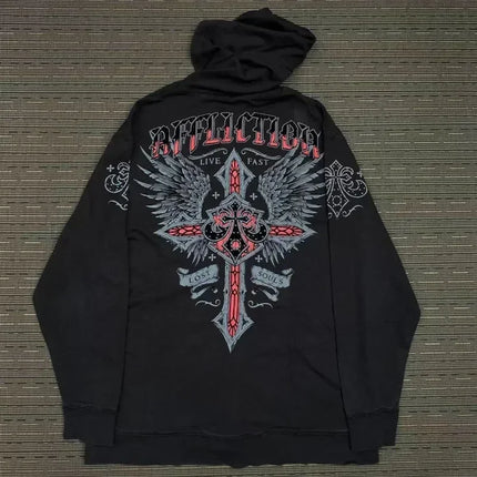 Affliction Gothic Hoodie Y2K New Retro Pattern Oversize Zipper Hoodie For Women Hip Hop Casual Sweatshirt Personality Streetwear