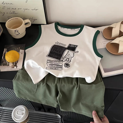 2026 Summer Sport Style Boys Clothing Set Letter Pattern Tank Top+Cargo Shorts 2Pcs Clothes Stripe Children Suit