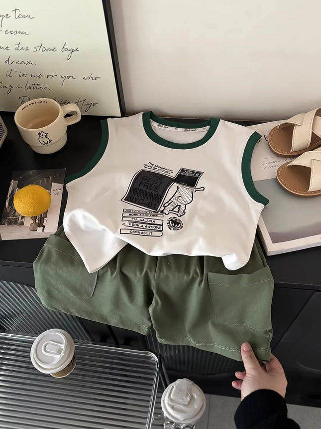 2026 Summer Sport Style Boys Clothing Set Letter Pattern Tank Top+Cargo Shorts 2Pcs Clothes Stripe Children Suit