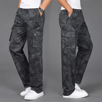 Men's casual camouflage work pants with multiple pockets, outdoor sport pure cotton straight-leg long pants, loose fit for work