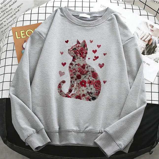 Love Cat Gothic Womens Solid Hoodies Basic Warm Fleece Sweatshirt Soft Breathable O-Neck Pullover Casual Female Clothes