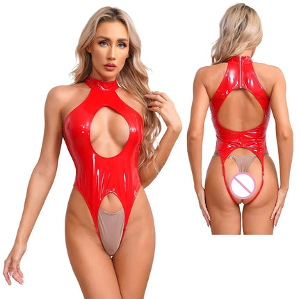 Women's Sexy Open Cup Lingerie Bodysuit Wet Look Patent Leather Cutout Bodycon Crotchless Leotard Nightwear Raves Party Clubwear