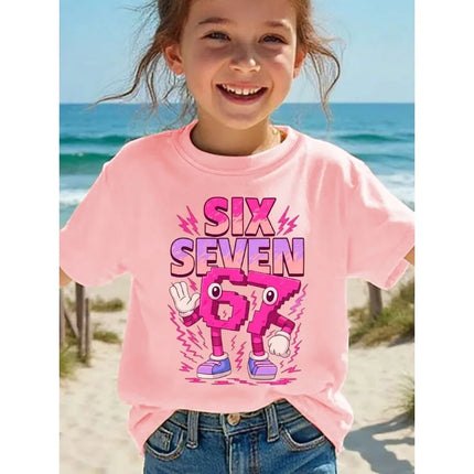 Pure cotton children's T-shirt 2026 trendy cool number 67 cartoon print for boys and girls summer casual parent-child wear