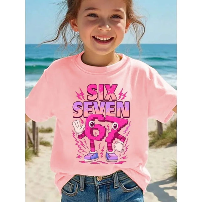 Pure cotton children's T-shirt 2026 trendy cool number 67 cartoon print for boys and girls summer casual parent-child wear