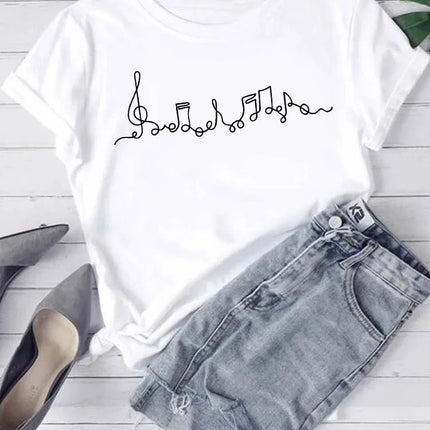 Fashion Women T Shirt Musical Note Printed T Shirt Casual Black Tops 90s Ladies Girls Tee Shirt Female Harajuku Graphic T-shirt