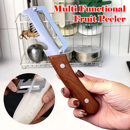 3-in-1 Serrated Peeling Knife  Premium Vegetable Peeler With Wooden Handle And Bottle Opener Kitchen Tool Smooth Operation