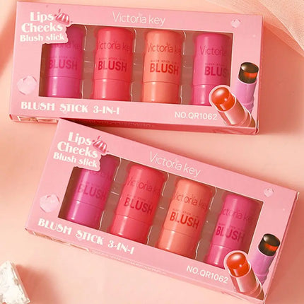 4pcs Original Jelly Blush Stick Milk Makeup Lasting Brightens Facial Cheek Stick Moisturizing Flash Lip Gloss Lip Gloss Face