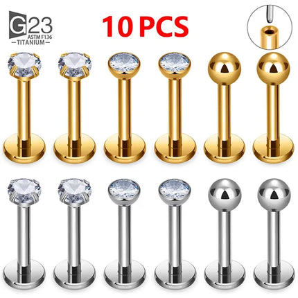 10pcs 20/18/16g G23 Titanium Piercing CZ Lip Labre Earrings set Lip Stud Ring Tragus Free Spiral Cartilage Jewelry For Women