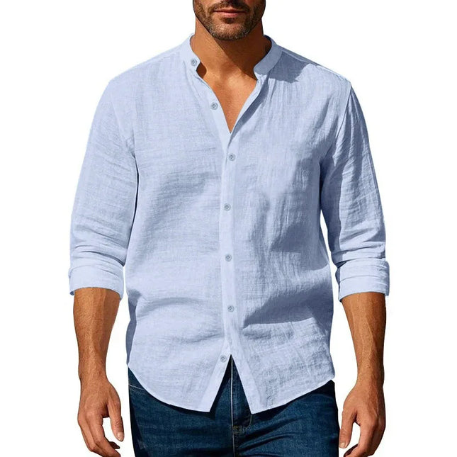 Chemise en coton et lin pour hommes col Henley de couleur unie légère respirante coupe ajustée boutonnage simple à manches longues