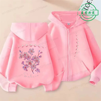 Sakura Cherry Print Female Zip Up Hoody Harajuku Hoodies Cherry Blossome Fashion Casual Street Hooded Autumn Fleece Streetwear