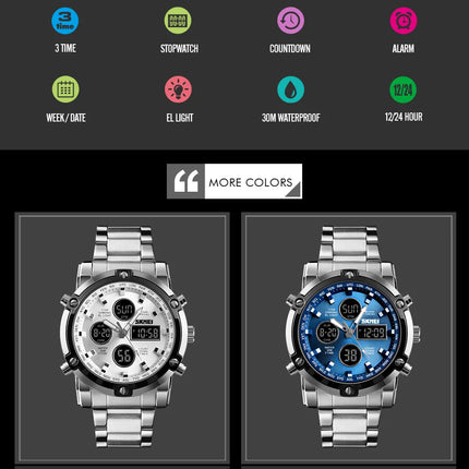 SKMEI Men Dual Display Watch Countdown Steel Strap Electronic Wristwatch Three Time Clock Digital Quartz Watch Relogio Masculino