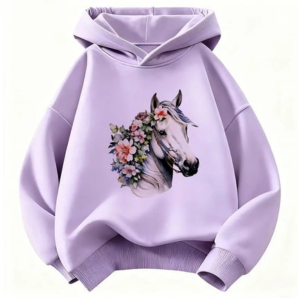 Fashion Horse with Flower Design Hoodie Kids Kawaii Children's Sweatshirt Hoody for Boys Girls Casual Hoodies Hip Hop Clothes